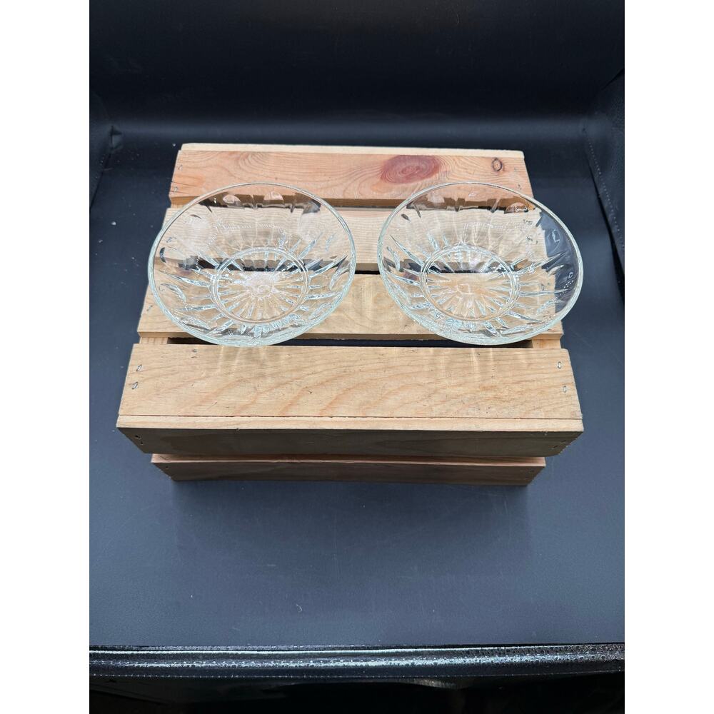 Set of 2 Vintage Sm Clear Glass Bowls Thumbprint Rim Sunburst Center